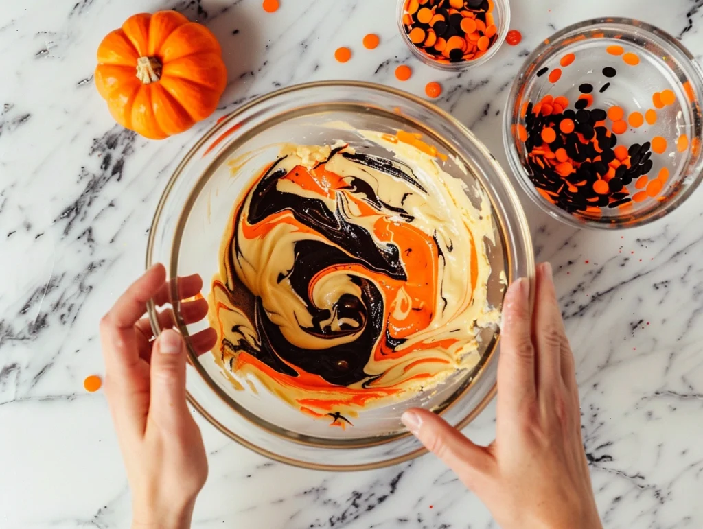 Hands mixing Halloween cookie dough with orange and black food coloring.