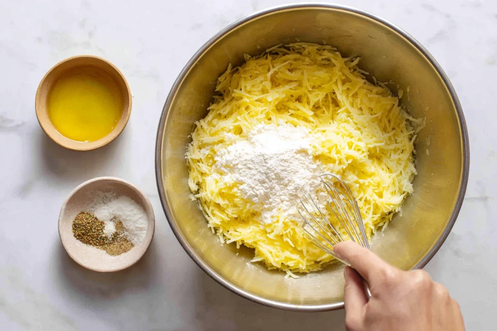 Mixing shredded potatoes with olive oil, cornstarch, and spices for oven hash browns.
