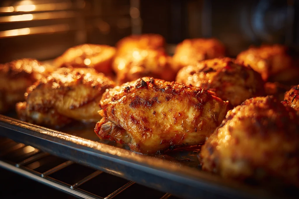 Crispy baked chicken pieces cooking inside the oven with golden skin