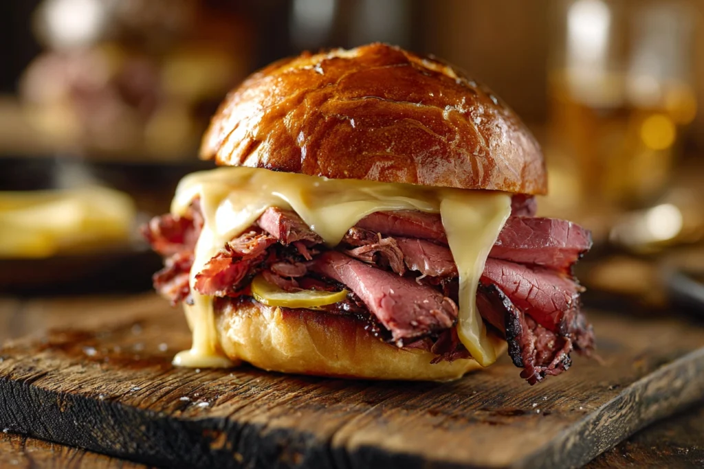 Juicy pastrami burger with melted Swiss cheese and golden brioche bun