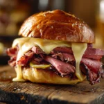 Juicy pastrami burger with melted Swiss cheese and golden brioche bun
