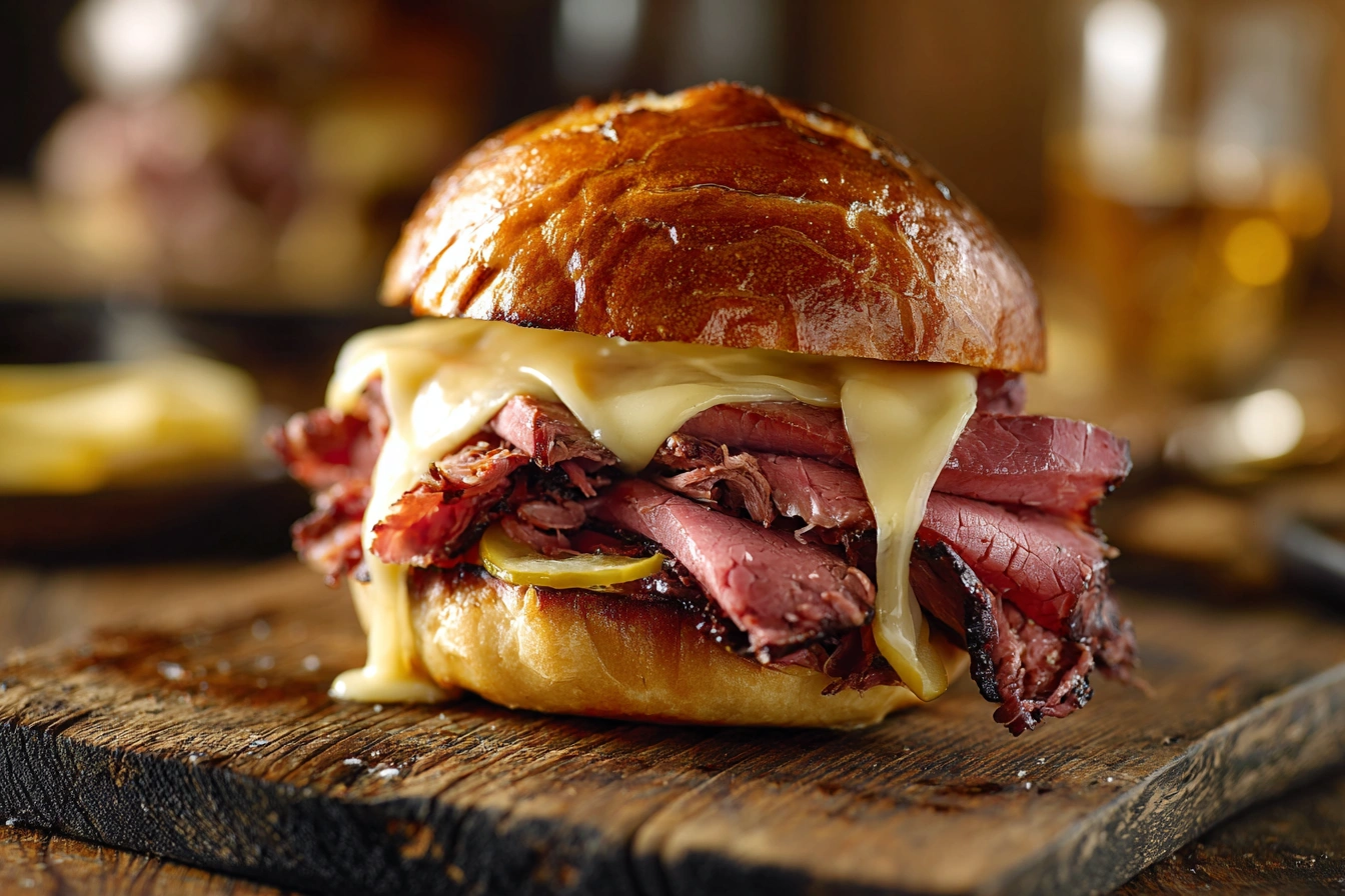 Juicy pastrami burger with melted Swiss cheese and golden brioche bun