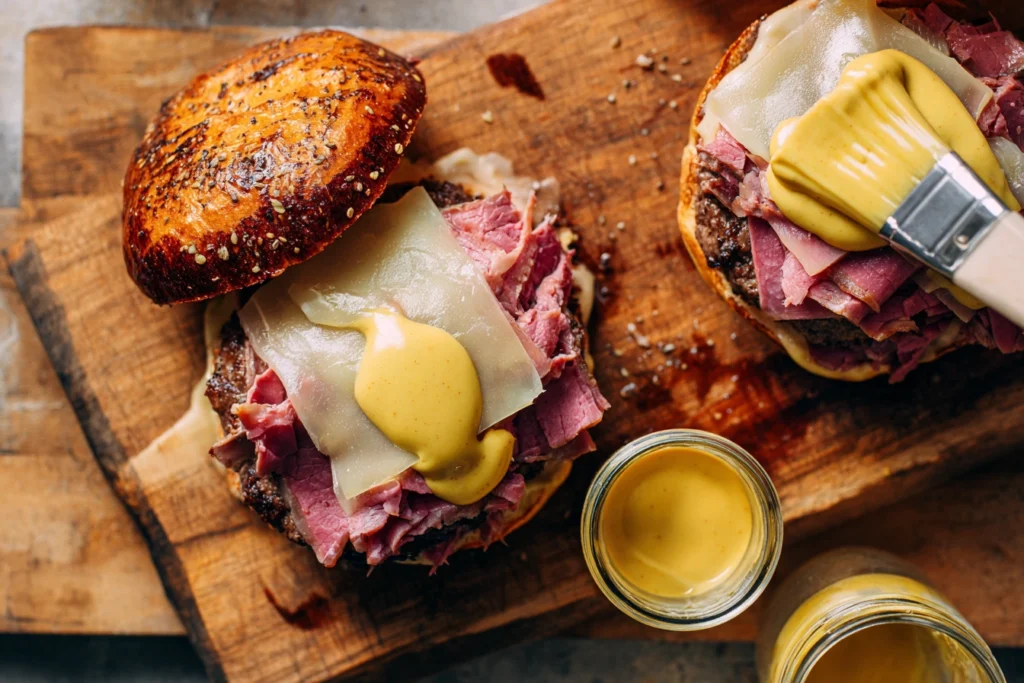 Assembling a pastrami burger with grilled beef patty, Swiss cheese, and pastrami slices.