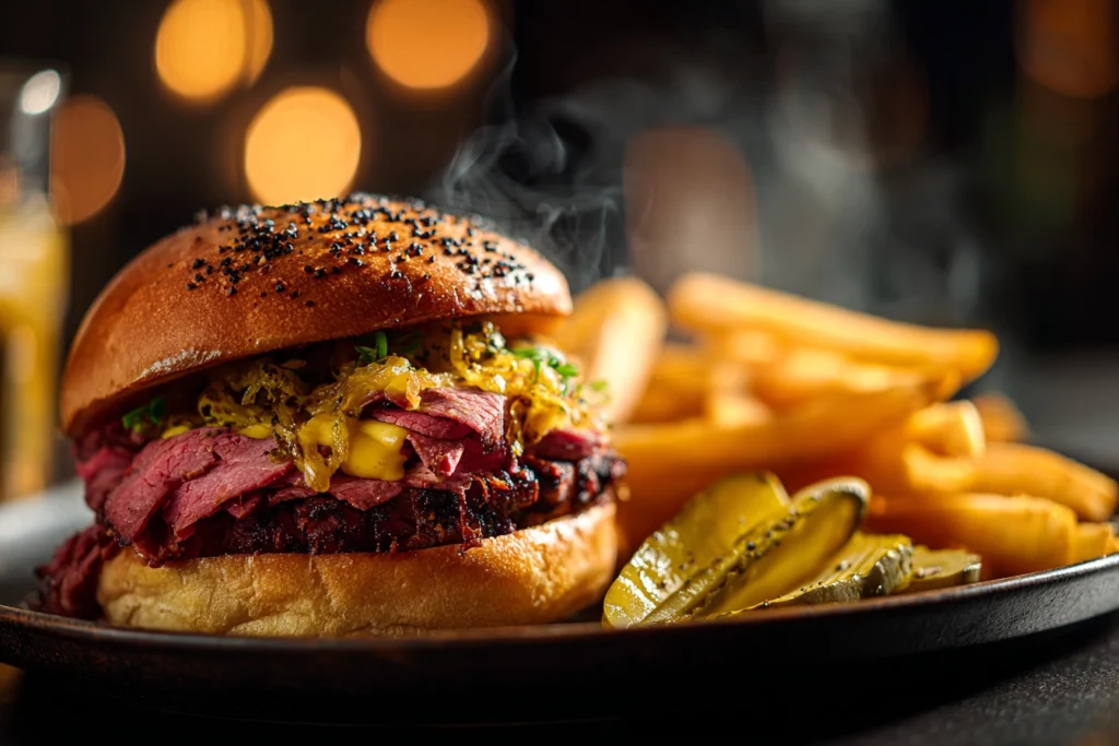 Pastrami burger with fries and pickles under warm night lighting