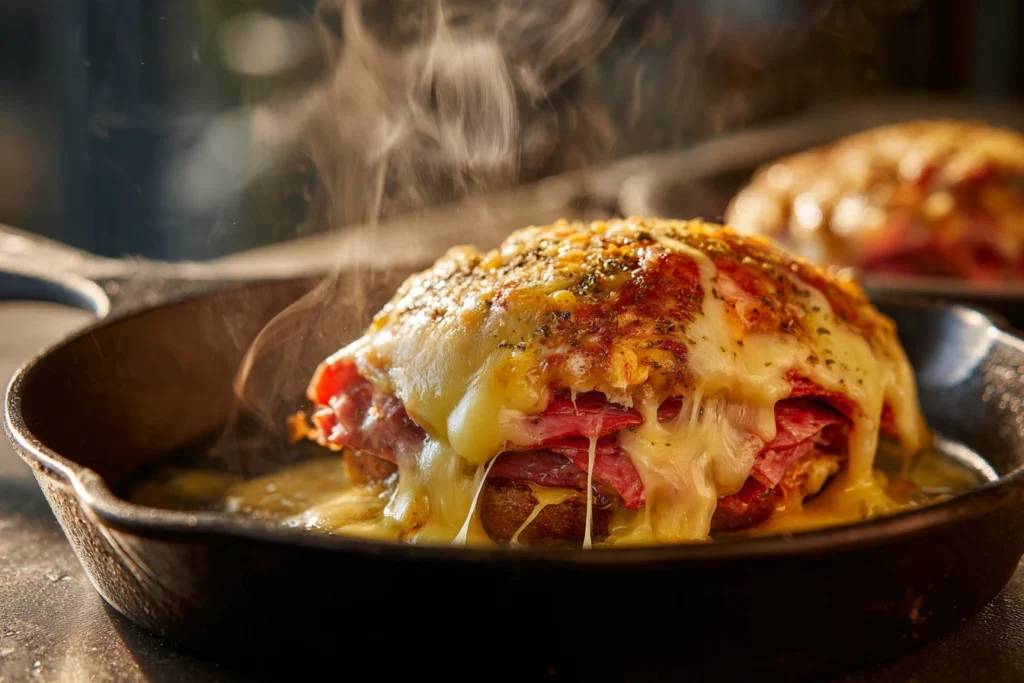 Pastrami burger cooking in a skillet with melted cheese bubbling.