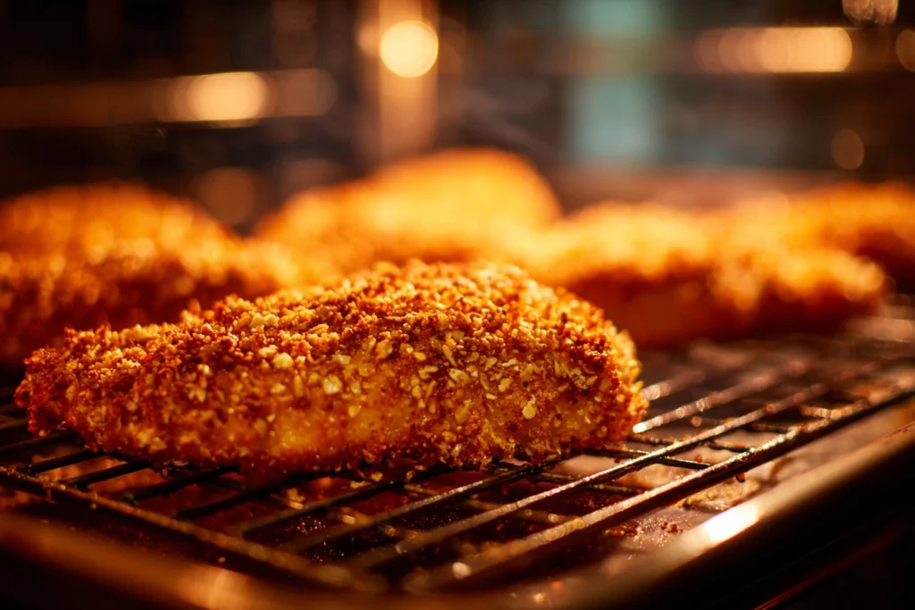 Pretzel crusted chicken baking on a wire rack in the oven.