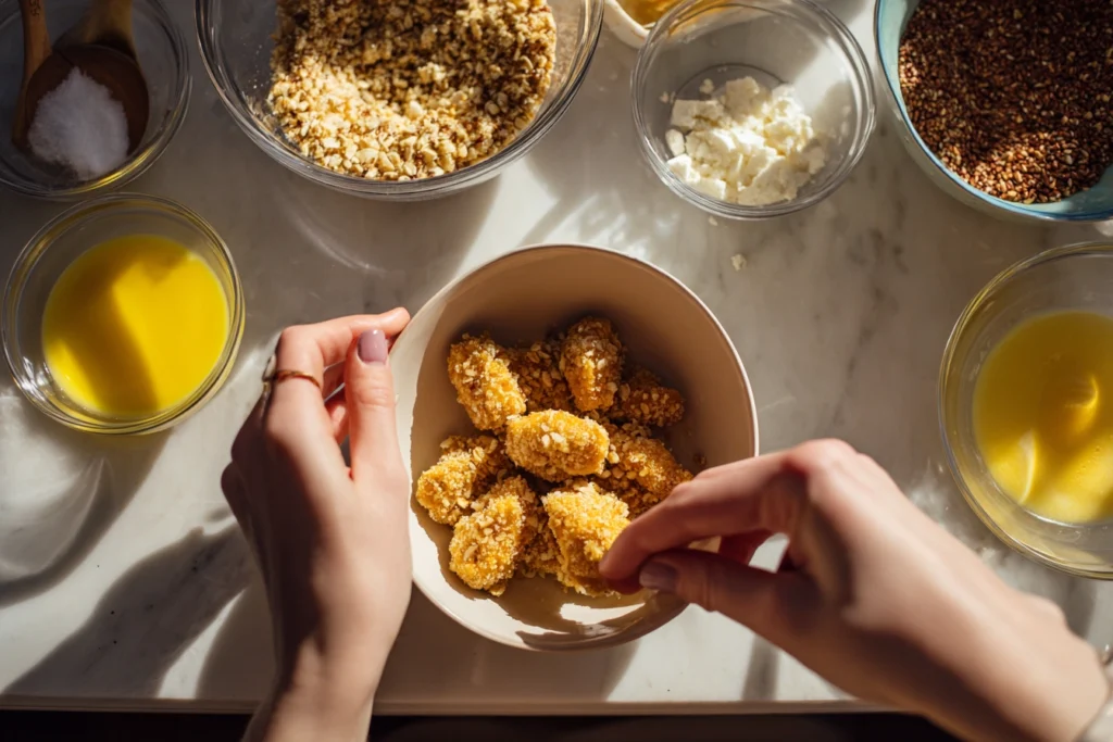 Hands coating chicken in crushed pretzel crumbs during prep.