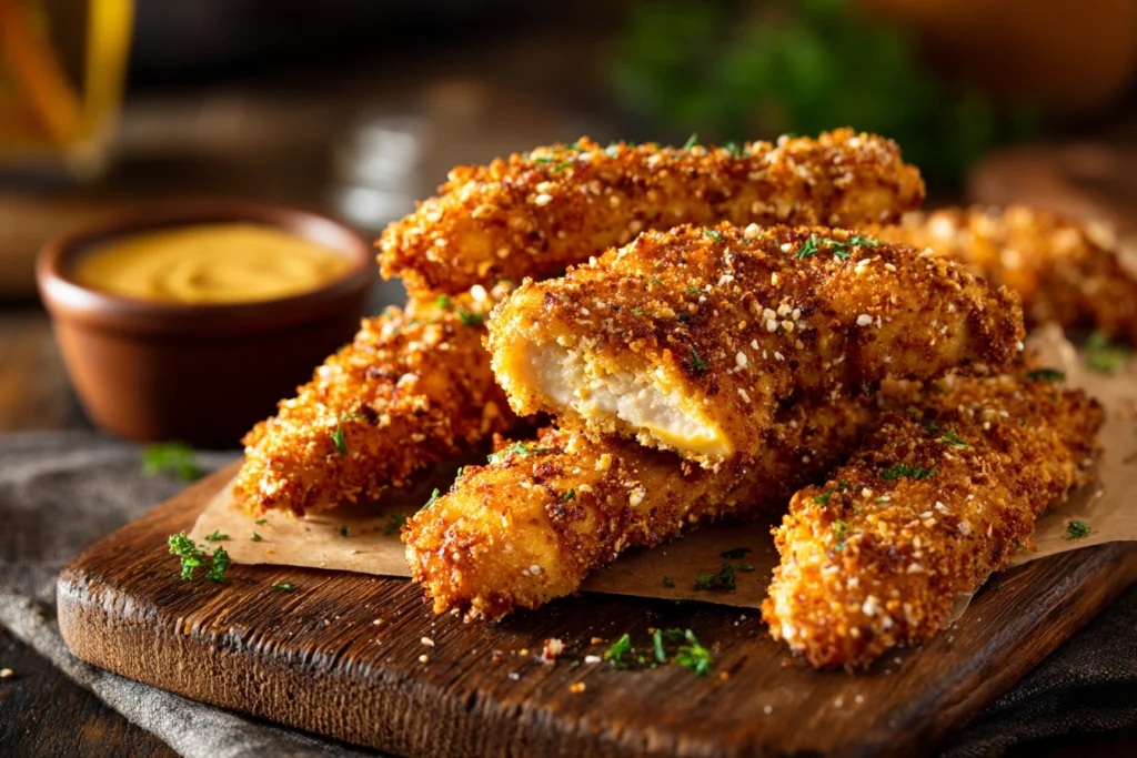 Pretzel crusted chicken tenders with honey mustard dip, golden and crispy.