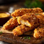 Pretzel crusted chicken tenders with honey mustard dip, golden and crispy.