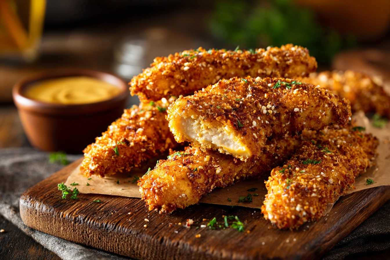 Pretzel crusted chicken tenders with honey mustard dip, golden and crispy.