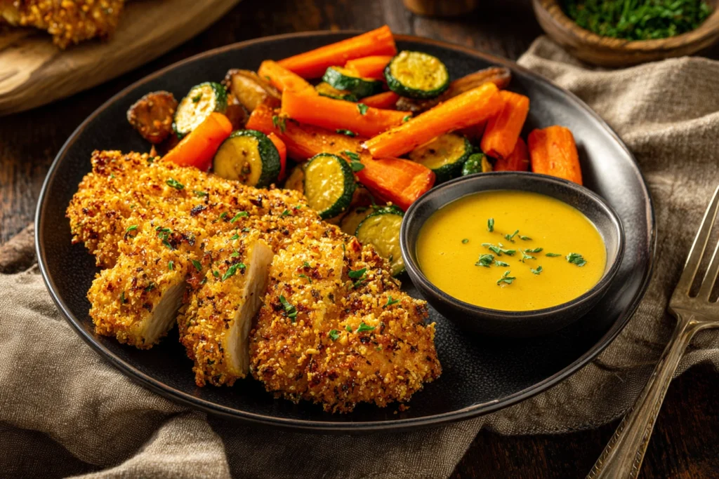 Plate of pretzel crusted chicken with vegetables and dipping sauce.