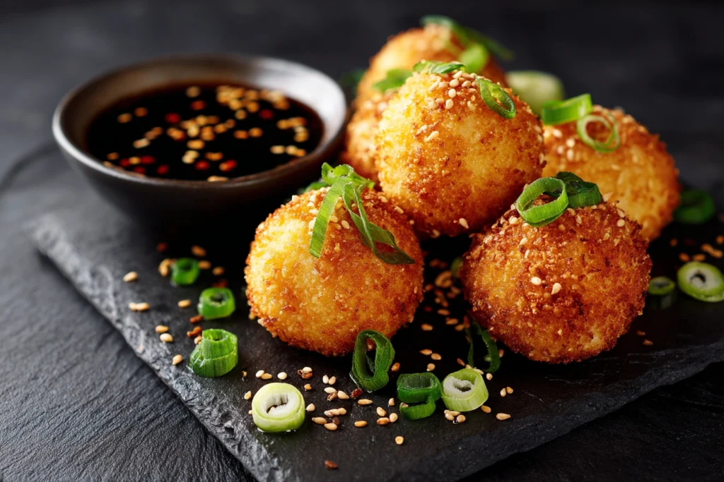Crispy rice balls served with soy dipping sauce and sesame seeds.