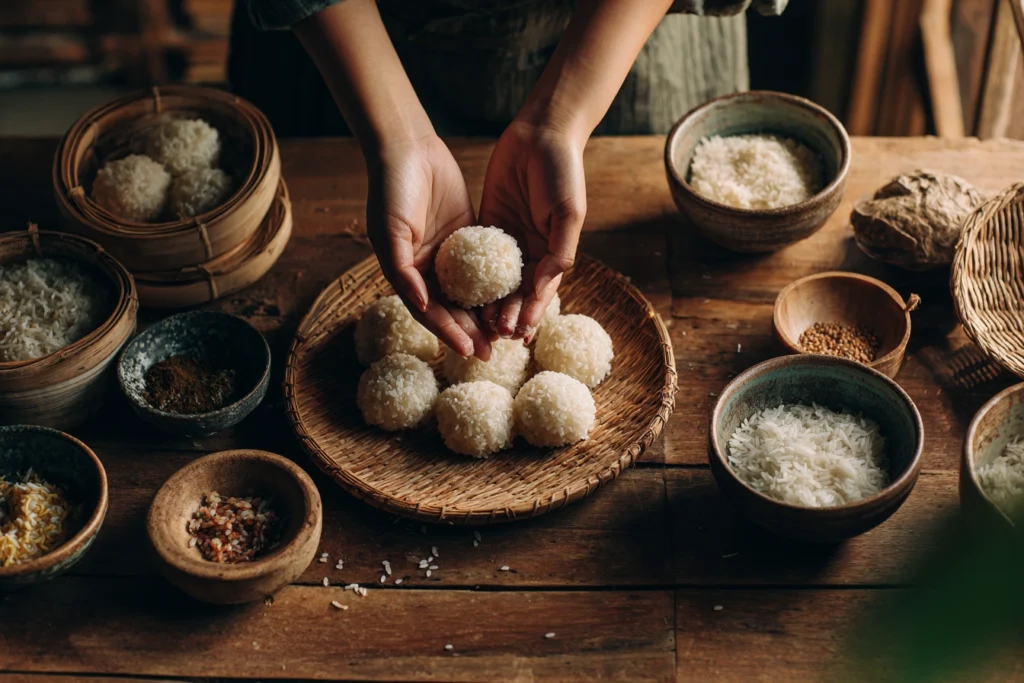 Hands shaping sticky rice balls on a wooden surface.