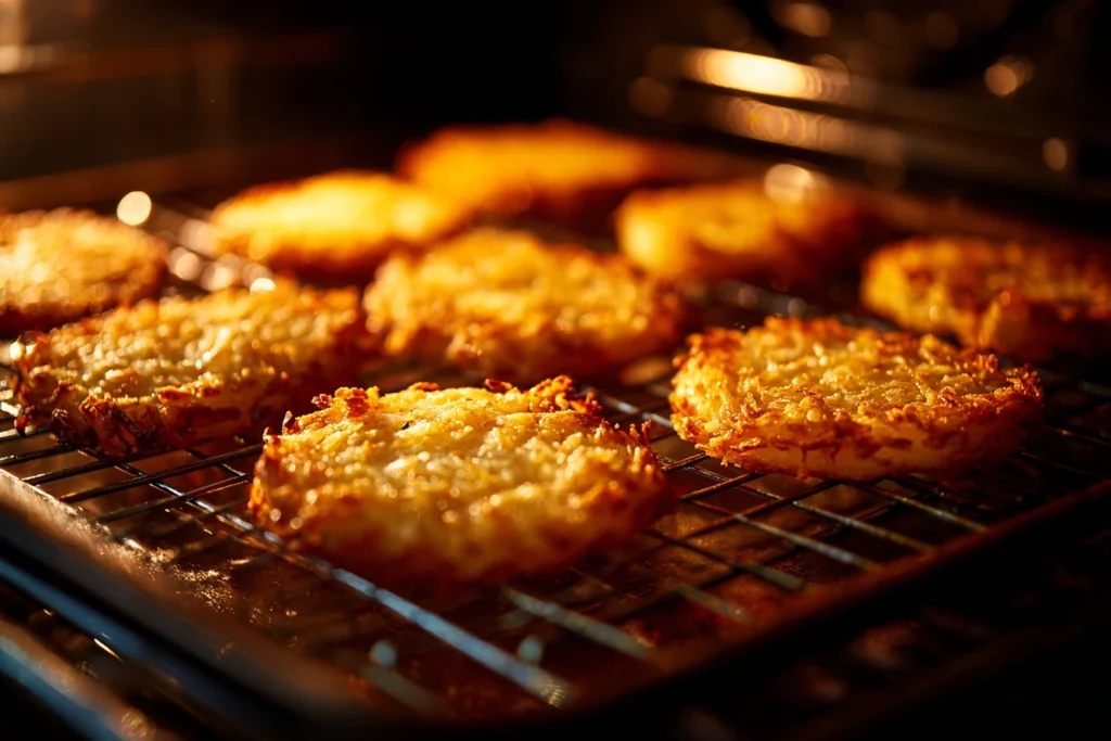 Sheet pan hash browns turning golden and crispy in the oven.
