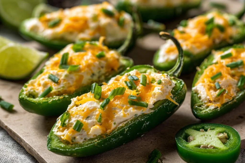 Halved jalapeños being stuffed with creamy cheese filling.