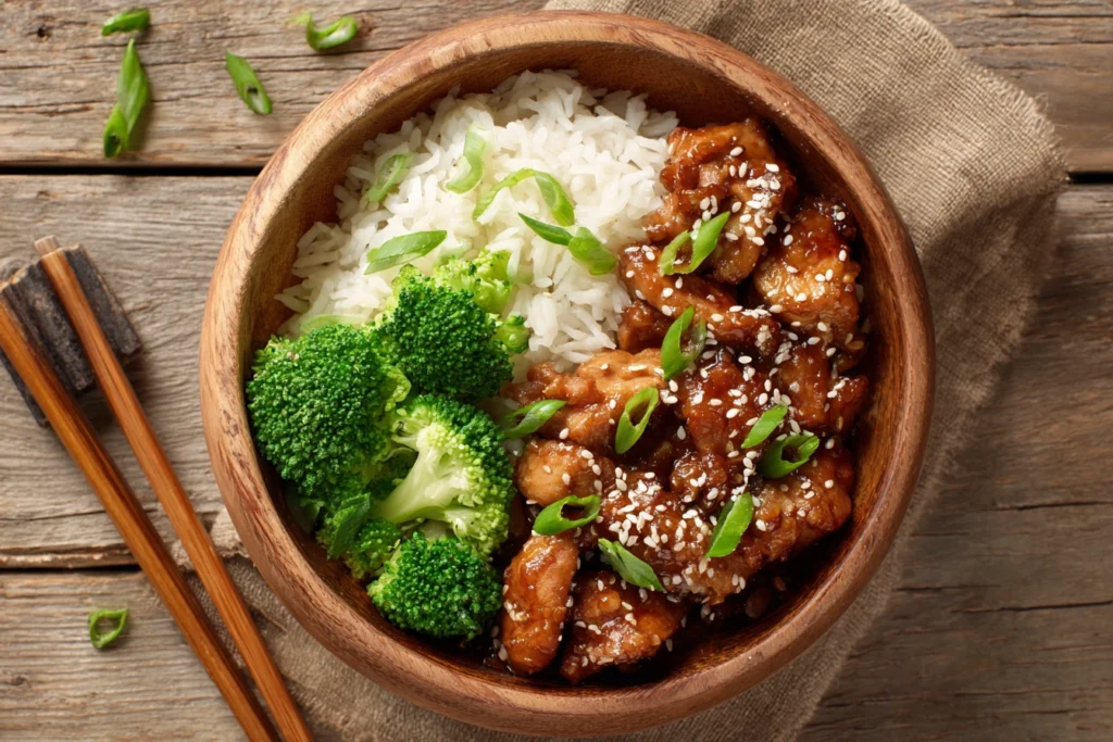 Teriyaki chicken served with rice and broccoli in a bowl