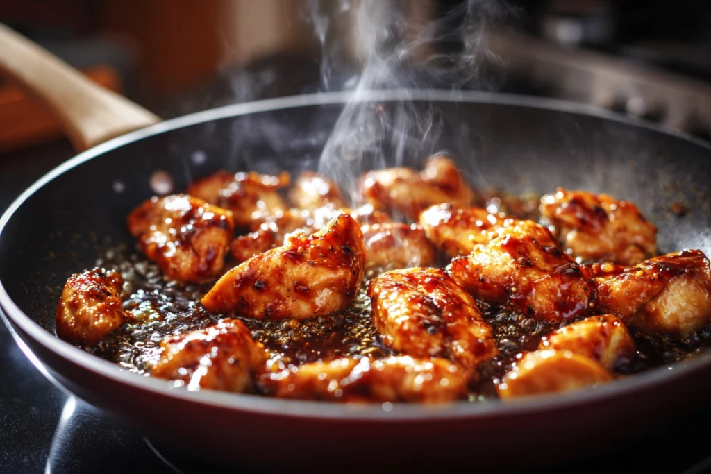 Chicken cooking in skillet coated with bubbling teriyaki glaze