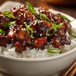 Sticky teriyaki chicken over rice with sesame seeds and green onions