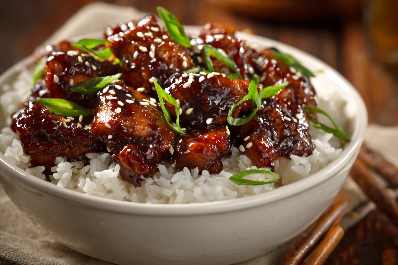 Sticky teriyaki chicken over rice with sesame seeds and green onions