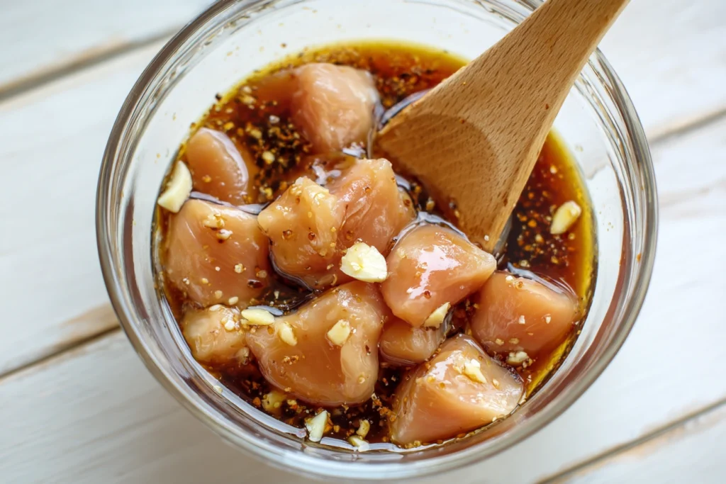 Chicken marinating in teriyaki sauce with garlic and ginger