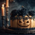 Vintage Halloween cake with carved spooky face and black rose decorations