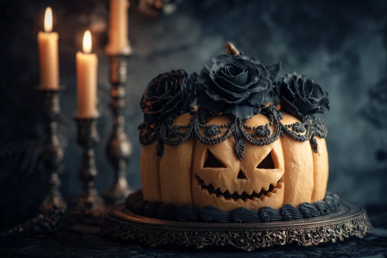 Vintage Halloween cake with carved spooky face and black rose decorations