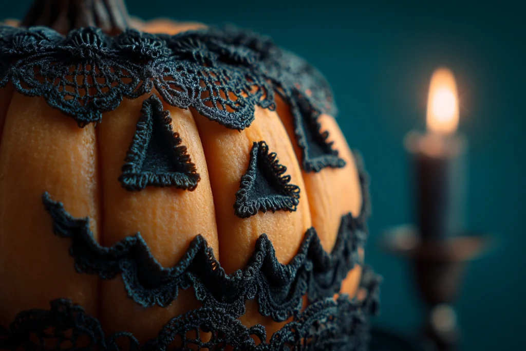 Close-up of vintage Halloween pumpkin-face cake showing ornate black piping and lace detail