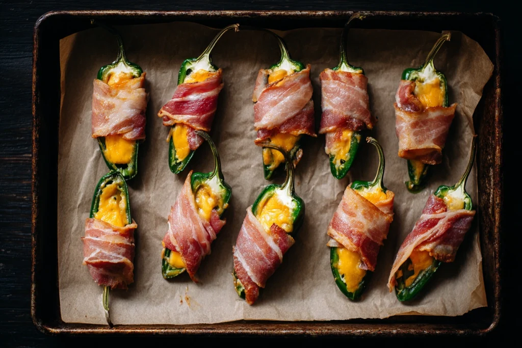 Cheese-stuffed jalapeños wrapped with smoky meat strips ready to bake.