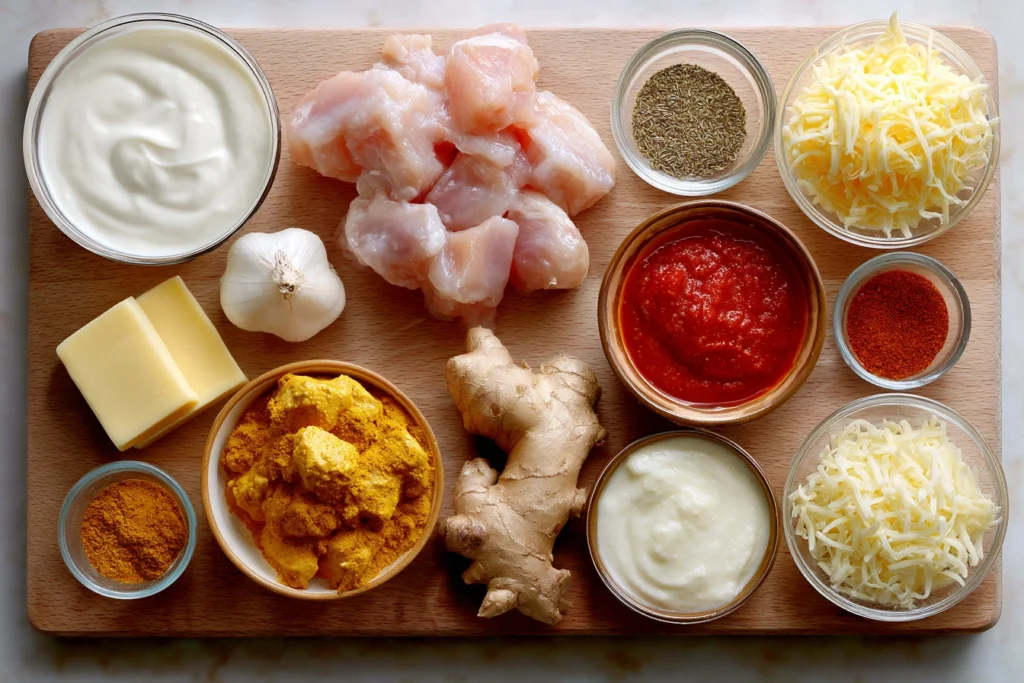 Ingredients for cheesy butter chicken arranged on a board.