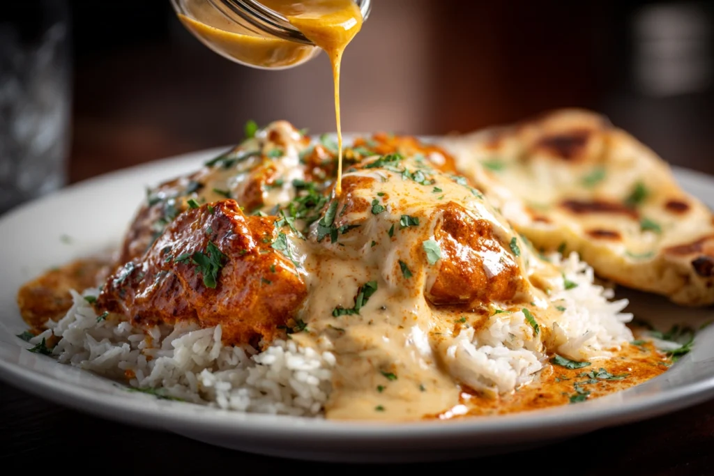 Cheesy butter chicken served over rice with naan.