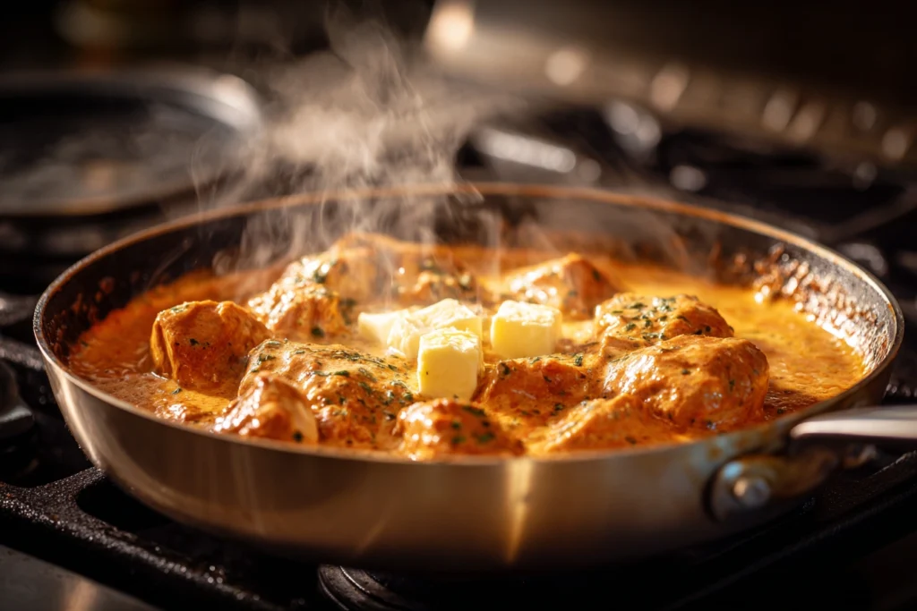 Chicken simmering in creamy tomato and cheese sauce.