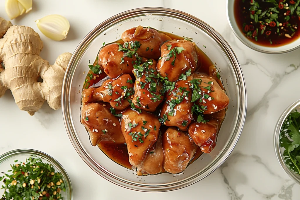 Raw chicken thighs in marinade of soy sauce, garlic, ginger, and honey