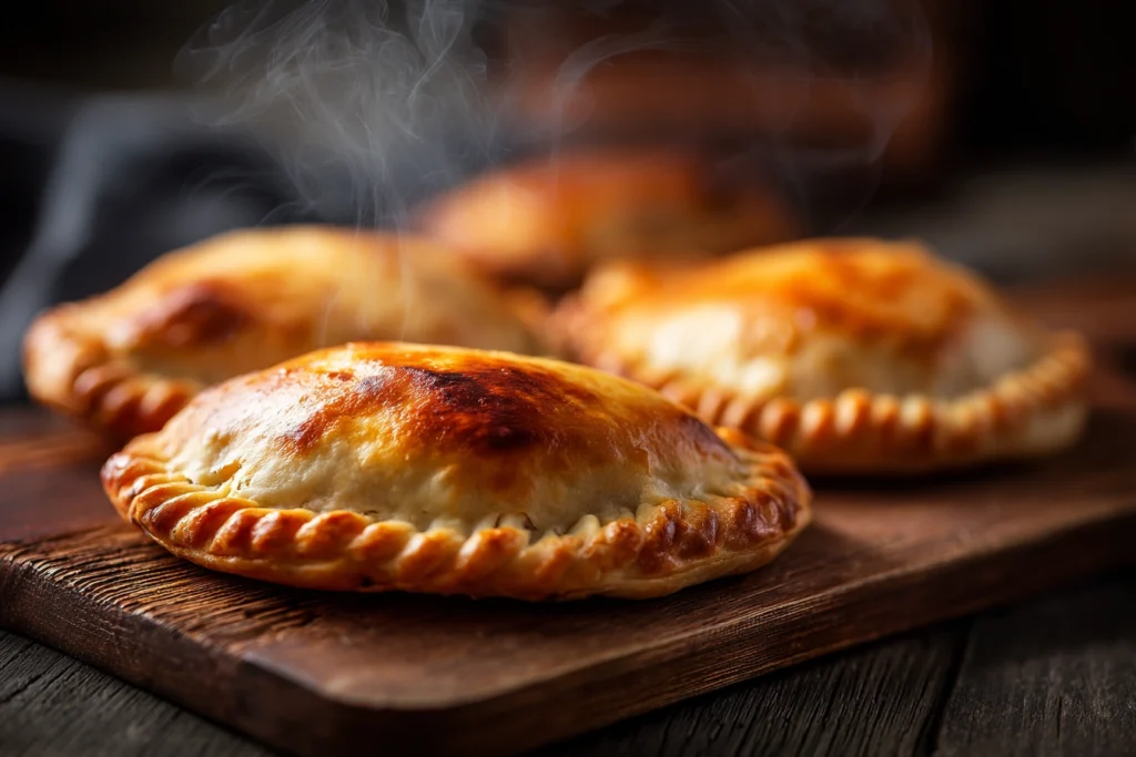 Golden homemade meat pies on a wooden board.