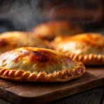 Golden homemade meat pies on a wooden board.