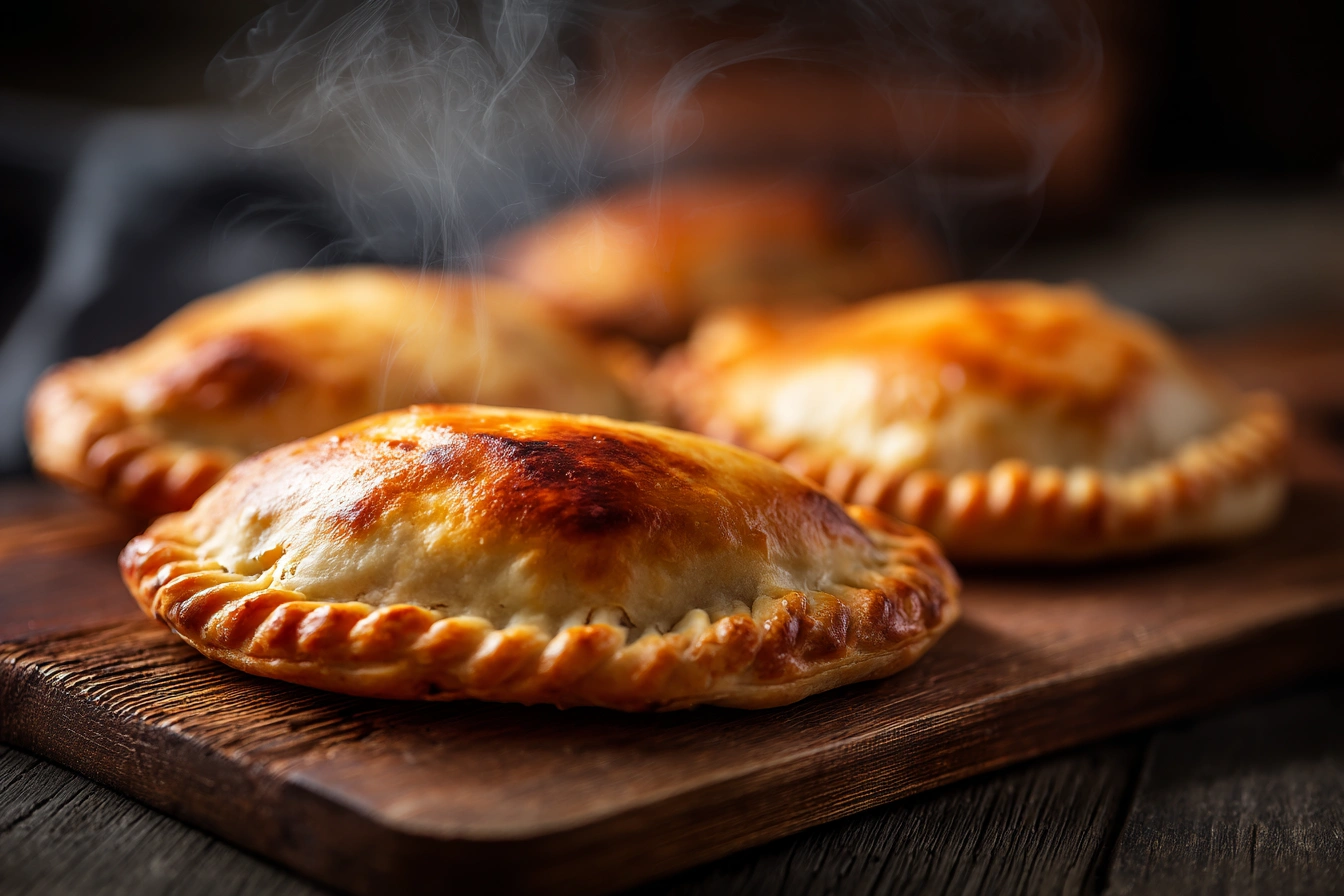 Golden homemade meat pies on a wooden board.