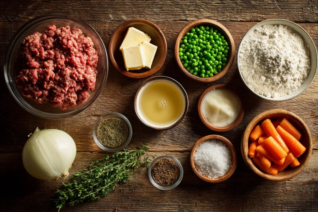 Ingredients for homemade meat pies arranged on a board