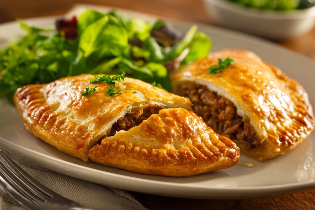 Homemade meat pies served on a plate with a salad.