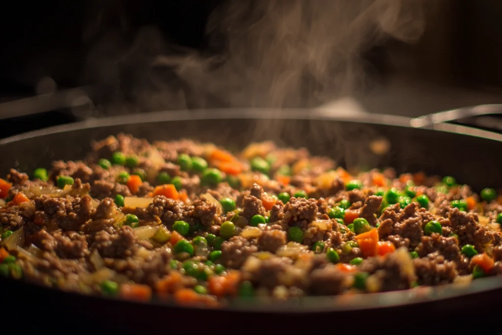 Meat pie filling simmering in a skillet.