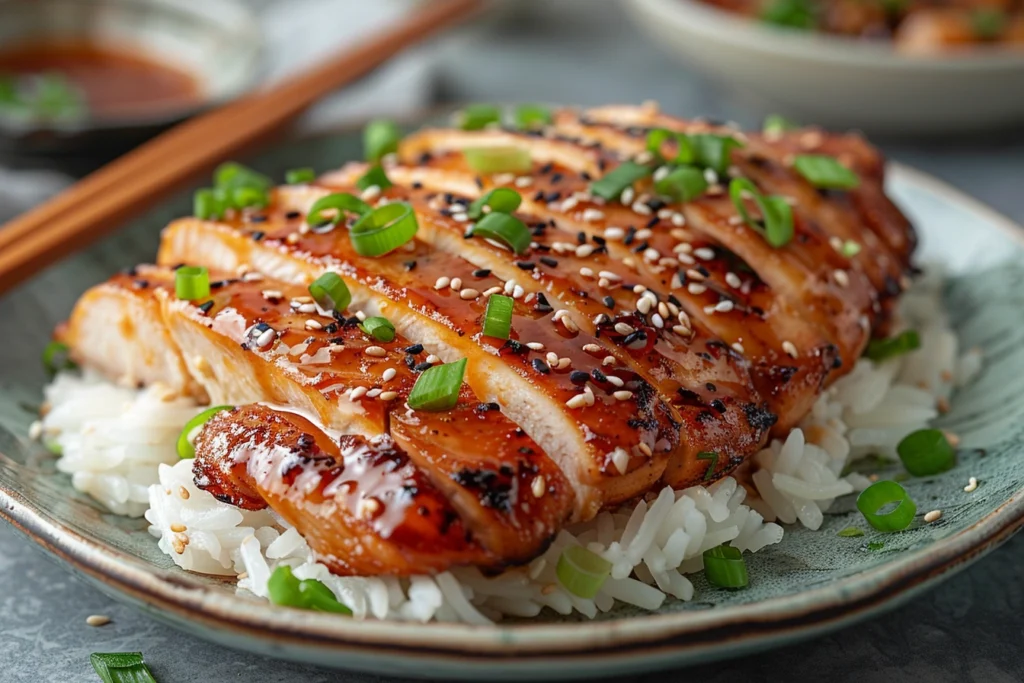 Teriyaki chicken roasting in the oven with golden glaze