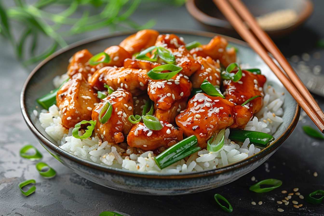 Teriyaki chicken over rice with sesame and scallions
