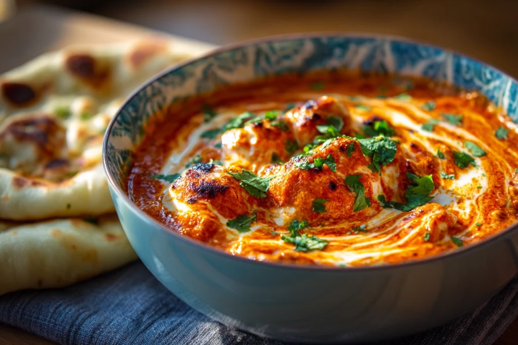 Cheesy butter chicken in a creamy sauce served with naan.