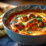 Cheesy butter chicken in a creamy sauce served with naan.